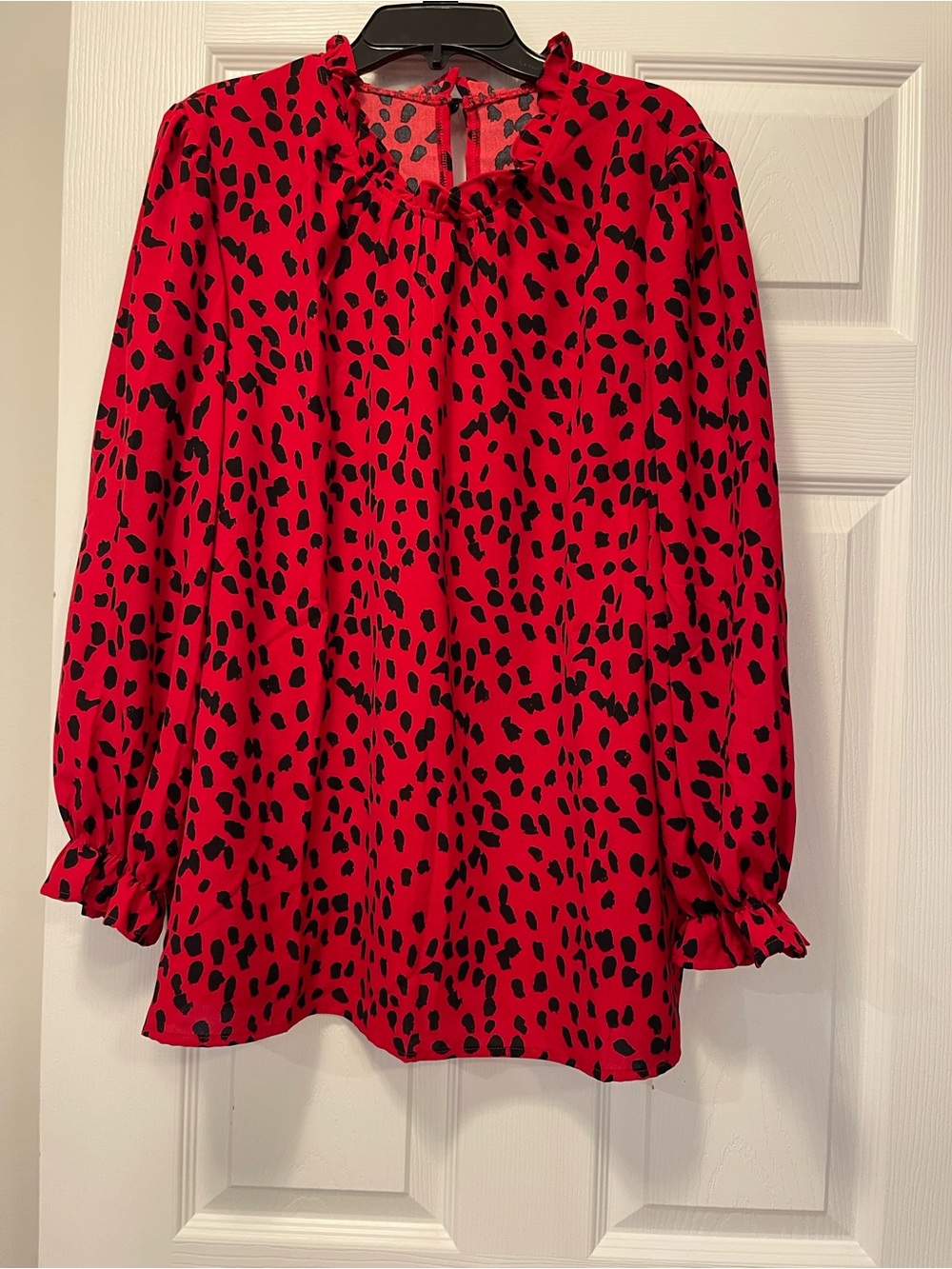 Red Black Dalmatian Print Long Sleeve Blouse